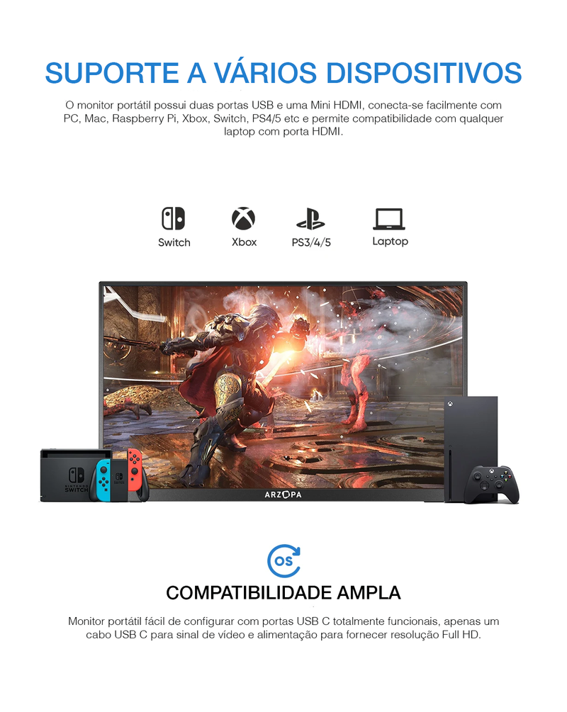 Monitor Portátil ARZOPA A1 GAMUT SLIM 14.0'' 1080P FHD IPS