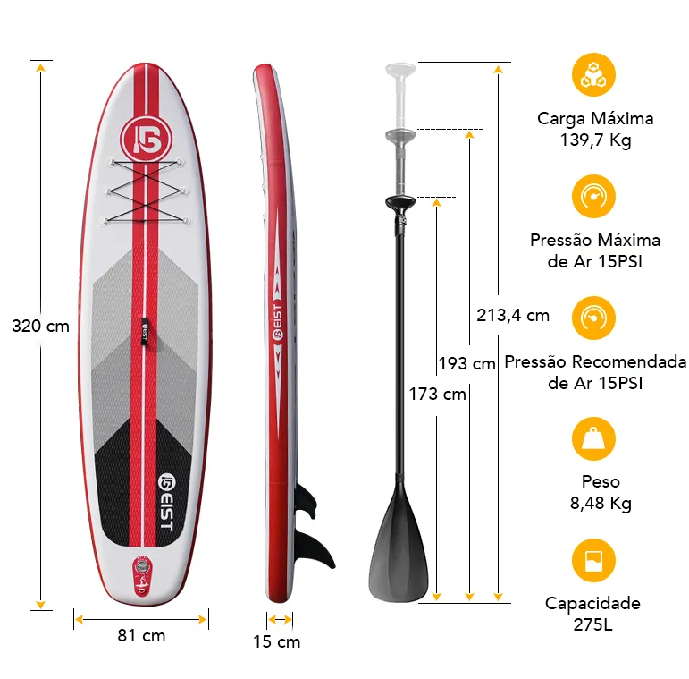 Prancha Inflável de Stand Up Paddle 10'6" 320CM Vermelho