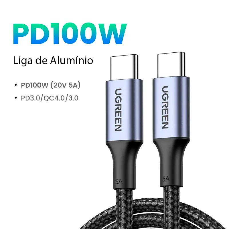 UGREEN - Cabo USB-C 100W 5A SuperCharge para Macbook, iPad, Samsung, Xiaomi