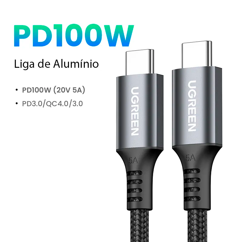 UGREEN - Cabo USB-C 100W 5A SuperCharge para Macbook, iPad, Samsung, Xiaomi