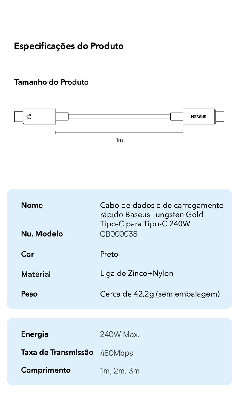 Baseus - Cabo USB-C  240W PD3.1 SuperCharge para iPhone 15,  Realme, Samsung S23